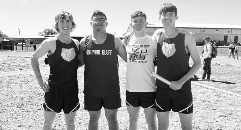 The Sulphur Bluff Bears' 4x200-meter relay team placed fifth at the Area Track and Field meet. Team members are, from left to right: Dakota Klemptner, JR Ramos, Matthew Overly, and Clint Degen. Courtesy/Nicole Klemptner