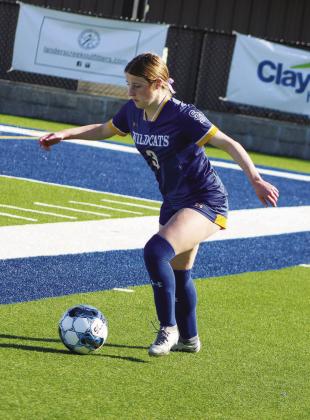 Rowan Faircloth (3) moves the ball up the pitch during a game against Pittsburg this past season. Faircloth earned Honorable Mention All-State honors from the Texas Association of Soccer Coaches (TASCO). Faircloth was also named District 13-4A MVP for her play on the pitch this season.