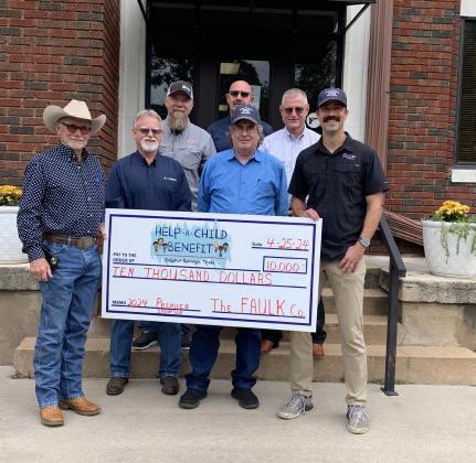 Help A Child program kicked off the 2024 fundraising season with The Faulk Company President Dawson Oswalt donating $10,000, twice as much as last year, to local Masons and program cooridnators. Pictured are Help A Child Coordinator Wade Bartley, William 'Bill' Holden, Dan Froneberger, Oswalt, (back row) Clay Bartley, Tomy Ander-son and Troy Lopez. Staff photo by Faith Huffman