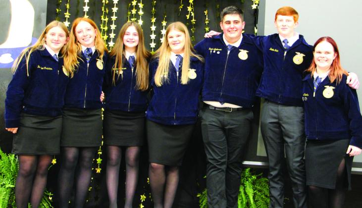 The 2024-2025 Miller Grove FFA chapter officers include, from left, Berkelee Christian, Secretary; Kendall Fisher, Student Advisor; Brooke Anderson, Reporter; Emma Knight, 1st Vice President; Grant Anderson, President; Kaden Mabe, Treasurer; and Janie Alberts, Sentinel. Staff photo by Tammy Vinson