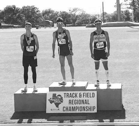 Sulphur Bluff's Christian Gonzalez (center) stands atop the podium at the Regional Track and Field meet. Gonzalez earned a gold medal in the 800-meter run, placing first. He also placed second in the 1,600-meter run, winning a silver medal. Courtesy/Sulphur Bluff Athletics