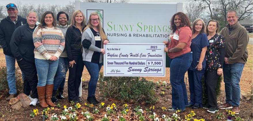 Sunny Springs Nursing & Rehab will again be sponsoring the 18th Annual Gala, hosted by the Hopkins County Health Care Foundation on Jan. 27. Pictured from left are representatives of Sunny Springs and the Gala: Shane George, Becky Vargas, Kristina Watkins, LaShonda Brown, Gala Co-Chair Kim Sellers, Stephanie Perry, Ki’anna White, Tina Cox, Tina Fenimore, and Gala Co-Chair John Sellers. To keep up with all the latest Gala news, follow the Hopkins County Health Care Foundation on Facebook and Instagram. HCHC 