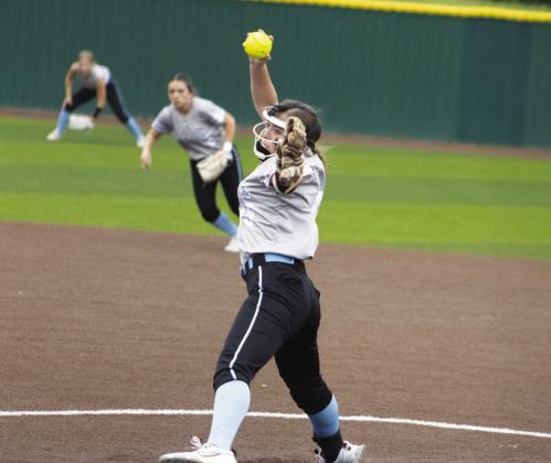 Lexie Rainey (15) delivers a pitch during Game 2 of the Lady Eagles' Area playoff series against Frankston. In Game 3, Rainey pitched a no-hitter in the circle, propelling the Lady Eagles to an 11-0 shutout victory. Photo by DJ Spencer