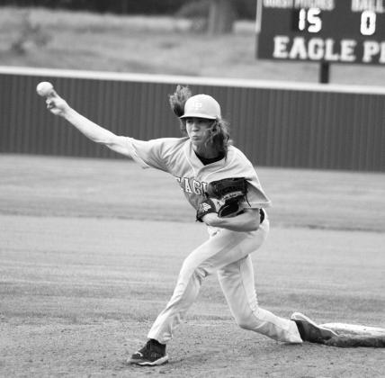 Tucker LeCroy (4) delivers a pitch during the Eagles' game against Sulphur Bluff last Wednesday. LeCroy earned the win on the mound, striking out 10 batters and allowing just one hit in five innings.