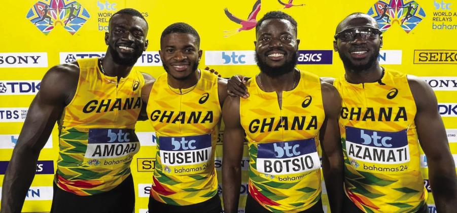Texas A&amp;M University-Commerce student-athlete Ibrahim Fuseini (second from left) qualified for the 2024 Summer Olympics in Paris as a member of Ghana's 4x100-meter relay team last Sunday. The full team consists of, from left to right: Joseph Paul Amoah, Fuseini, Isaac Botso, and Benjamin Azamati. Courtesy/Lion Athletics