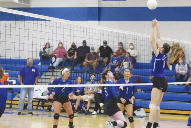 Sulphur Bluff’s Skylar Stanley gets a block at the net in their Sept. 25 game against Detroit. Stanley had three blocks and seven kills in their Tuesday win against Clarksville. Staff photo by Tyler Lennon