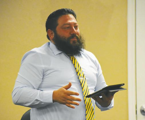 RECENT REPORT Jeremy Lopez (above) and Justin Cowart, Sulphur Springs ISD. Asst. Supt. gave reports on the Primary and Secondary Campus activities before the school trustees at a recent meeting.