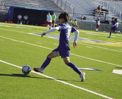 JJ Gomez (10) kicks the ball during earlier home action. Gomez scored two goals in the Wildcats' 5-0 win over North Lamar Friday, helping Sulphur Springs clinch their second consecutive district championship. Photo by DJ Spencer