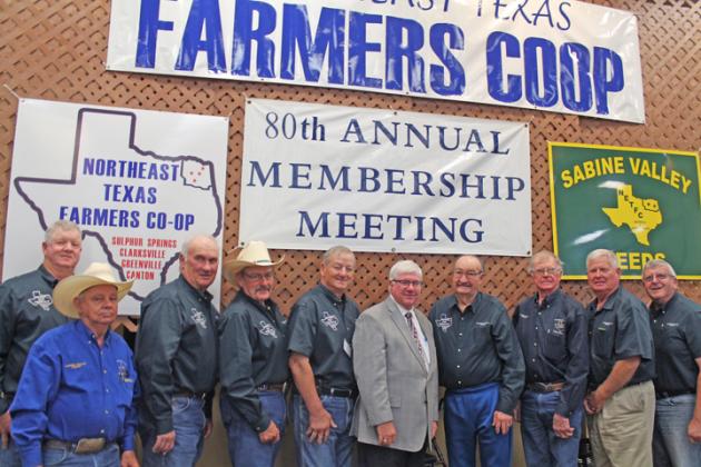 Northeast Texas Farmer’s Co-Op board members Harold Bryant, Andry Wright, Alvin McCool, Johnny French, Bobby Deen, Jerry Gibby, Steve Chaney, Tommy Potts, Bob Greenway and Brad Johnson celebrate the organization’s 80 years. Staff photo by Taylor Nye