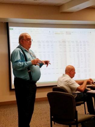 Ron Folwell (left) presents the 2019-2020 budget to the Hopkins County Hospital District Board of Directors at a special meeting Tuesday evening. The Board voted unanimously to appoint Folwell to continue as CEO and CFO he has filled since 2016. Kerry Law is presdient of the HCHD Board of Directors. Staff photo by Tammy Vinson