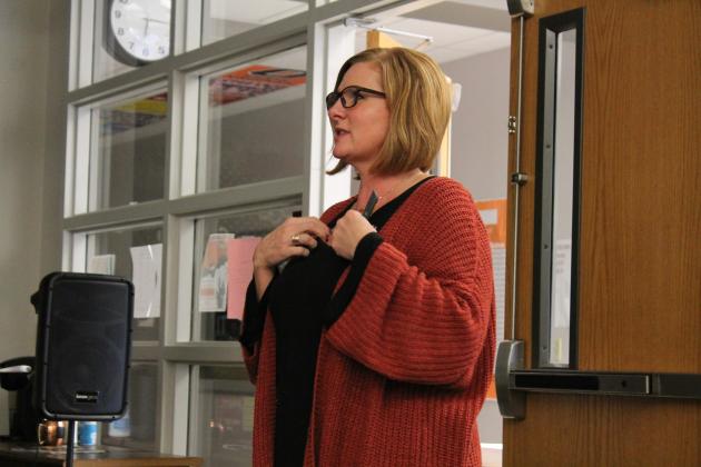 Cumby ISD Superintendent Shelly Slaughter speaks at a public forum about the school’s upcoming bond election. Staff photo by Taylor Nye