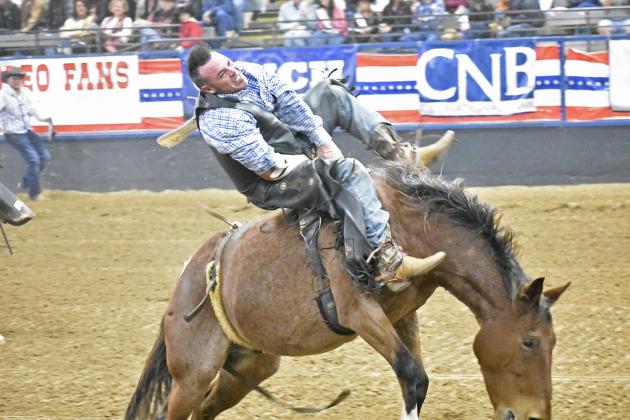 Eric Frazier of Santo, Texas lifts slightly into the air during the Bareback Riding event at the UPRA Final Saturday in the Hopkins County Regional Civic Center. Frazier would not place in the top four for the night. Staff photos by Todd Kleiboer