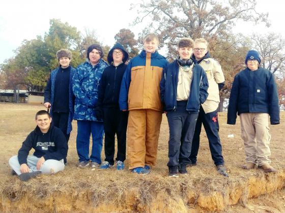 Ten Scouts from Boy Scouts of America Sulphur Springs Troop 69 attended the Tonkawa District Fall Camporee at the Kiwanis Camp at Pat Mayse Lake on Nov. 15-17. The troop placed first in the cooking competition, first in the citizenship competition, send in the sit-up competition and came in third place overall. Pictured are (from left) Gage Williams, Anthony Small, James Morgan, Barrett Thesing, Aidyn Utt, Brandt Forester, Aiden Barnes and Cameron Brown. Courtesy/BSA Troop 69, Steve Morgan