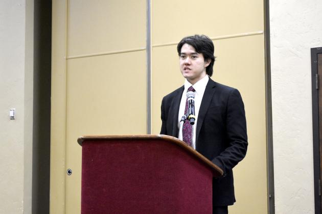 Christopher Slijk, assistant economist at District 11 of the Federal Reserve, gave a presentation about the future of the Texas’ economy during the Economic Outlook Conference Wednesday at the Hopkins County Regional Civic Center. Staff photo by Todd Kleiboer