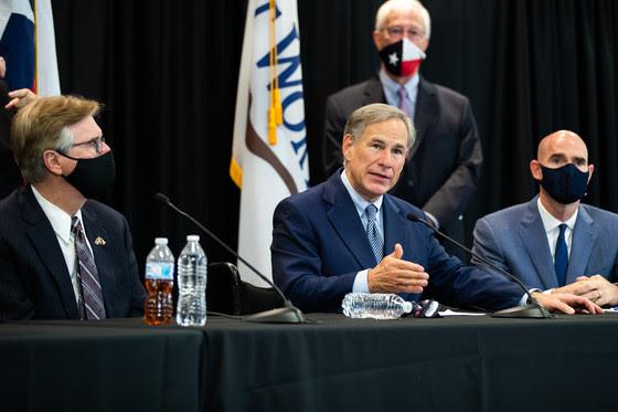 Gov. Greg Abbott (center), Lt. Gov. Dan Patrick (left), and Speaker Dennis Bonnen announced at a press conference in Fort Worth today a legislative proposal to discourage the defunding of law enforcement in Texas. Courtesy/Office of the Governor