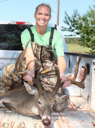Scoring 163, Heidi Newman’s main frame nine-pointer taken Oct. 3 joins a long list of quality bucks produced by 26 clubs that form the North Neches deer management cooperative in Anderson and Cherokee counties. Since 2015, the co-op has produced 64 free ranging bucks with B&C scores of 150 or more, including two in the 190s and one topping 200 inches. Courtesy/Heidi Newman via Matt Williams
