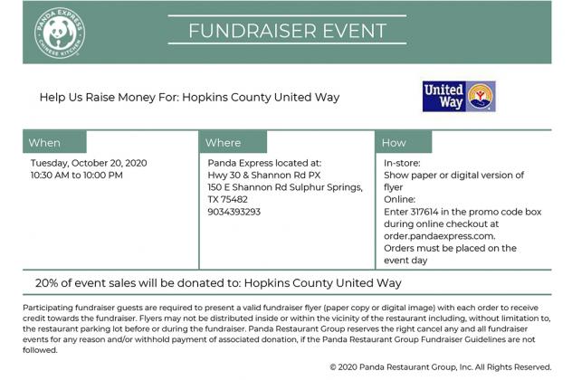 Panda Express is hosting a fundraising event with 20% of sales donated to Hopkins County United Way. Courtesy/HCUW via Susan Berning