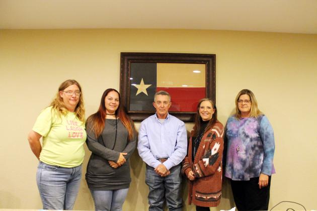 Cumby city council (from left to right) Betty McCarter, Amber Hardy, Mayor Doug Simmerman, Mayor Pro Tem Sheryl Lackey, Julie Morris. Not pictured: Guy Butler/ Staff photo by Taylor Nye