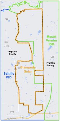 The Stampede Solar project boundaries lie in eastern Hopkins County near Saltillo. Nearby roads include FM 900 and Highway 67, and it is situated just south of Stouts Creek. Courtesy/Stampede Solar