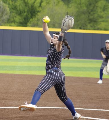 Hannah Speed (14) delivers a pitch during recent action. Speed earned the win in the circle in both of the Lady Wildcats' games against Brownsboro in their Bi-District playoff series, combining for 22 total strikeouts and pitching a no-hitter in the second game. Photos by DJ Spencer