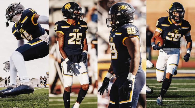 PRESEASON RECOGNITION — Texas A&M-Commerce football players (from left) Max Epps (14), Darien Taylor (25), Leon Young (99), and Sean Krystoff-King (28) were recently named to the All-SLC preseason football team. All four athletes will look to contribute in a big way for the Lions this upcoming season. Submitted Photos