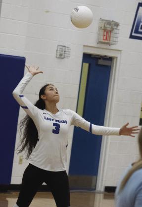 SERVICE TIME — Yulisa Castillo (3) serves the ball during recent home action. Castillo finished with eight kills, five digs, and three blocks in the Lady Bears' four-set loss to Dodd City Friday. Photo by DJ Spencer