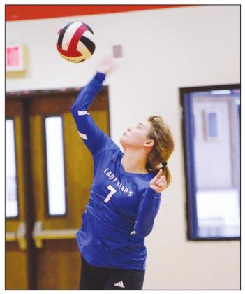 Senior Lydia Drummond serves the ball in earlier action against North Hopkins. Against James Bowie, she had 16 digs. Staff photo by Todd Kleiboer