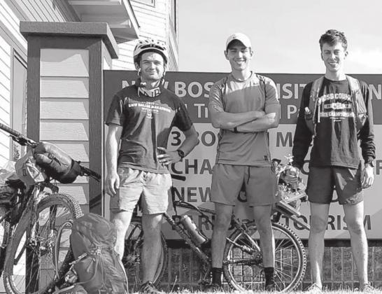 From left, Rhett Reid, Eli Sellers and Landon Thornton completed their 130-mile bike ride in New Boston. Courtesy