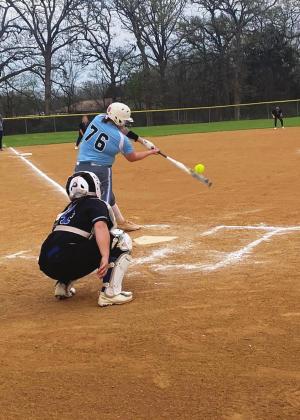 Mattison Buster (76) hits the ball during the Lady Eagles' win against Fruitvale. Defensivley, Buster threw her third perfect game of the season in the circle, striking out 13 batters across fie innings. Submitted Photo