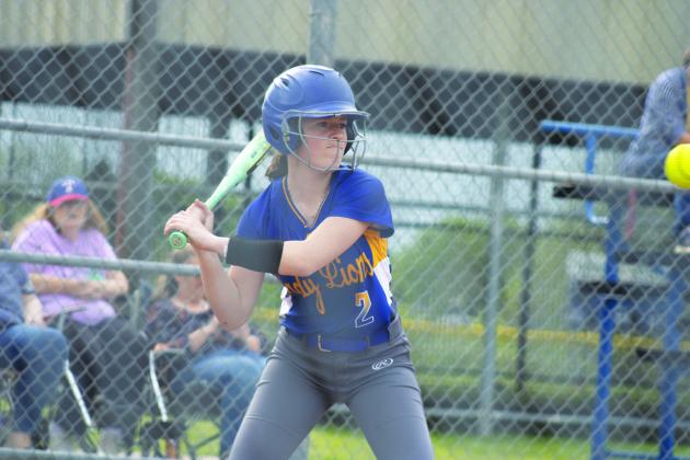 BIG SWING — Jaylee Miller (2) takes a big swing at a pitch during the Lady Lions' game against Fruitvale Tuesday. Miller batted 2/2 and scored a run in the Lady Lions' 19-3 loss to the Lady Bobcats. Photo by DJ Spencer