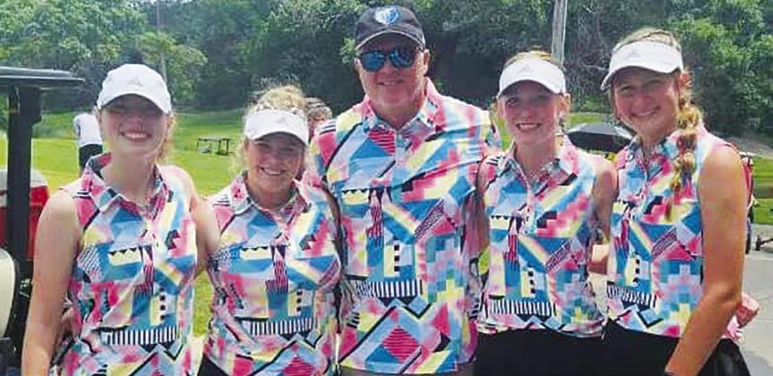 The Sulphur Bluff Lady Bears golf team placed 12th at the UIL State golf meet this week, endig a successful season. Team members are, from left to right: Emma Carr, Jadi Jones, Head Coach Dustin Carr, Zaylee Peyton, and Ryleigh Bell. Courtesy/Sulphur Bluff ISD