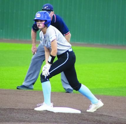 Saylor Smith (6) takes a lead off from second base during Game 2 of the Lady Eagles' Area playoff series against Frankston Thursday. Smith batted 3/4, recorded an RBI, and hit a home run in the Lady Eagles' 10-5 loss in that game. Photo by DJ Spencer