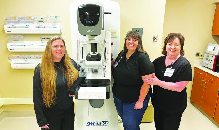 The friendly staff of Ruth &amp; Jack Gillis Women’s Center at CHRISTUS Mother Frances Hospital – Sulphur Springs, look forward to assisting women through the Free Mammography Clinic sponsored by the Hopkins County Health Care Foundation. From left with the 3D mammography machine are Stefany Walton, Melissa Hastings and Carol Stillwagoner. Submitted photo