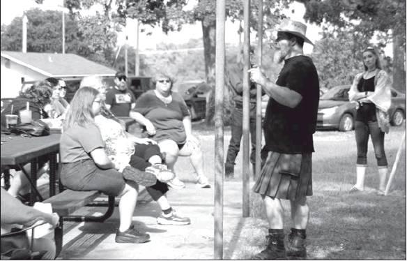 A kilted Sulphur Springs native Jason Brumfield, executive director of the Shadow Festival board of directors, speaks to a group of people from Hopkins County who will make up the cast of characters at this year’s Shadow Renaissance Festival taking place July 26-28 at the Hopkins County Regional Civic Center in Sulphur Springs. Staff photo by Jillian Smith