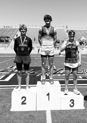 Ty Bybee (center) stands a top the podium at the Area Track and Field meet. Bybee won a gold medal in the pole vault, placing first and advancing to Regionals. Courtesy/Sulphur Springs High School.