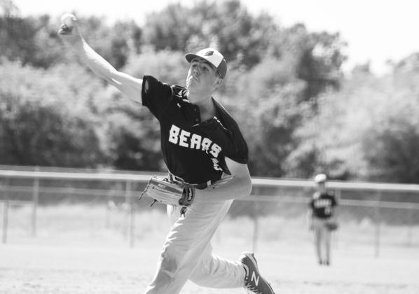 Brody Gunn (5) delivers a pitch during the second game of the Bears' doubleheader against Yantis Friday. Gunn was the winning the pitcher in both of the Bears' victories, winning the first game in releif, then pitching six innings in the second game. Photo by DJ Spencer