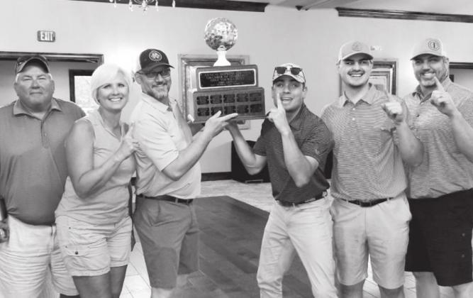 Interstate Body Shop’s team won the Hopkins County Chamber of Commerce’s Annual Golf Tournament Friday at Sulphur Springs Country Club. Holding up the trophy are team members Randy Blackmon, Michelle Blackmon, Chuck Sickles, Brody Blackmon, Zack Blackmon and Kelly Haire. Courtesy/HCCC