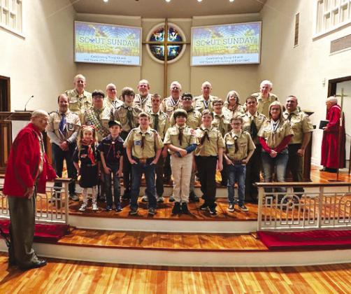 Sulphur Springs Cub Pack and Scout Troop 69 and leaders stand before the congregation of the Sulphur Springs First United Methodist Church on Scout Sunday, Feb. 11. The 2024 scouting anniversary marks 100 consecutive years in which the local church has hosted Boy Scout troop meetings.