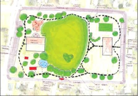 A map put together at last year’s charette concerning Pacific Park shows the new design for the space, which will include a multi-use basket- and volleyball court and a community building. Courtesy/City of Sulphur Springs, Marc Maxwell