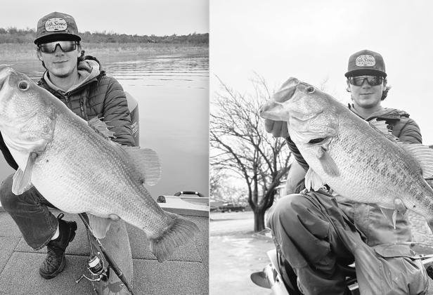 BIG FISH —Dalton Smith, 24, with the 14.69 (left) and 14.26 pounders he boated on December 30, just hours apart, on Lake O.H. Ivie. Both were caught on light spinning tackle. Smith’s Wild, Wild West encounter prompted him to quit his job in Kentucky and relocate to Texas less than a week later to launch a guide business on the 19,000acre reservoir.