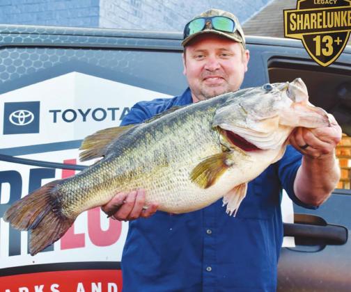 James Evans of Whitehouse was competing in a local team tournament on Lake Tyler East on March 20 when he boated a whopper 15.44 pounder. The fish is a new lake record and the first Legacy reported from the 2,300-acre reservoir. Courtesy/TPWD