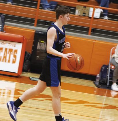Sulphur Bluff's Matthew Overly (0) dribbles the ball down the court during the Bears' Area playoff game against Perrin-Whitt this past season. Overly won District 24-1A co-MVP honors following an outstanding senior season on the court.