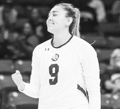 NATIONAL REPRESENTATION — Former Texas A&M University-Commerce volleyball player Celeste Vela (9) pumps her fist in excitement during a game last season. Vela will be representing her home country of Mexico in the Central America and Caribean games this week. Submitted Photo