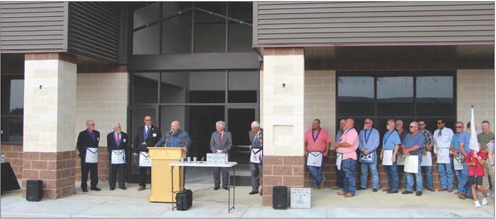 (Above) Members of Hopkins County Masonic Lodge 180 and leaders from the Grand Lodge of Texas led and participated in the cornerstone dedication ceremony for the new Cumby Collegiate High School building on Saturday, Sept. 9. Staff photos by Tammy Vinson