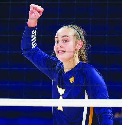 GREAT PLAY — Reese Fetty (7) pumps her fist in excitement during a game last season. The A&amp;M-Commerce Lions volleyball team recently released their schedule for the 2023 season, which will be their second in the Southland Conference and NCAA Division I. Submitted Photo