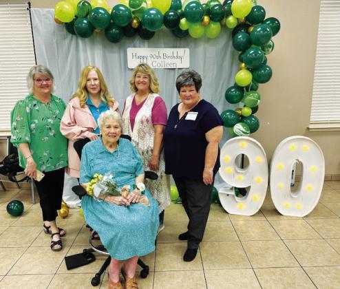 Colleen Hines was honored on Saturday, March 16 by her family at The ROC with a 90th birthday reception in a Saint Patrick's Day theme. Attending were numerous friends from the Sulphur Springs School District. Because Colleen taught home economics for many years, she was an influence on her students, and several of them also chose teaching as a career. Seated is Collen Hines, with (standing from left) Debbie Stinson Stribling, Judy Jones, Johnna West and Laura Teer.)