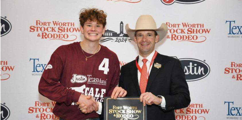 Jaxon Hudson of Cumby FFA caught a calf at the Fort Worth Stock Show.