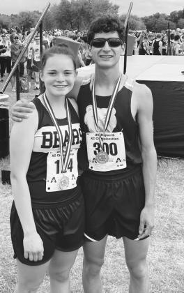 Sulphur Bluff runners Bailey Neal, left, and Christian Gonzalez grabbed first and second place in their respective runs, advancing to state. Neal also had a new personal record with her time of 12:06.76. Courtesy/Marshall Moore