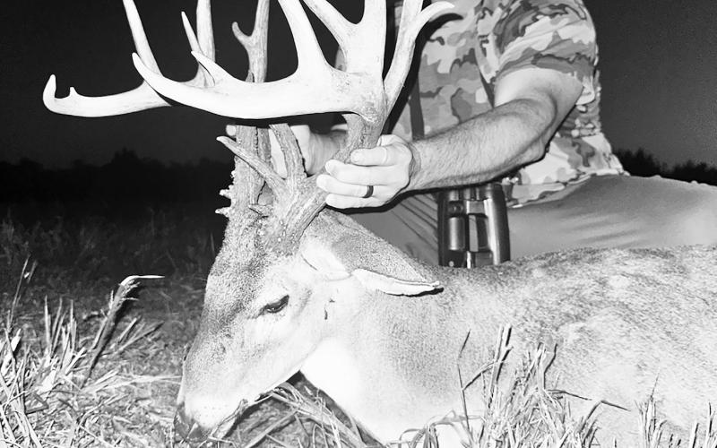 Forrest Hodges, 37, with the trio of free ranging whitetails he took off his property in Cherokee County between Sept. 28 and Oct. 1 using Managed Lands Deer permits provided by the Texas Parks and Wildlife Department. All of the bucks were 7 1/2 years old. Courtesy Photos