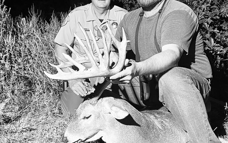 Forrest Hodges, 37, with the trio of free ranging whitetails he took off his property in Cherokee County between Sept. 28 and Oct. 1 using Managed Lands Deer permits provided by the Texas Parks and Wildlife Department. All of the bucks were 7 1/2 years old. Courtesy Photos
